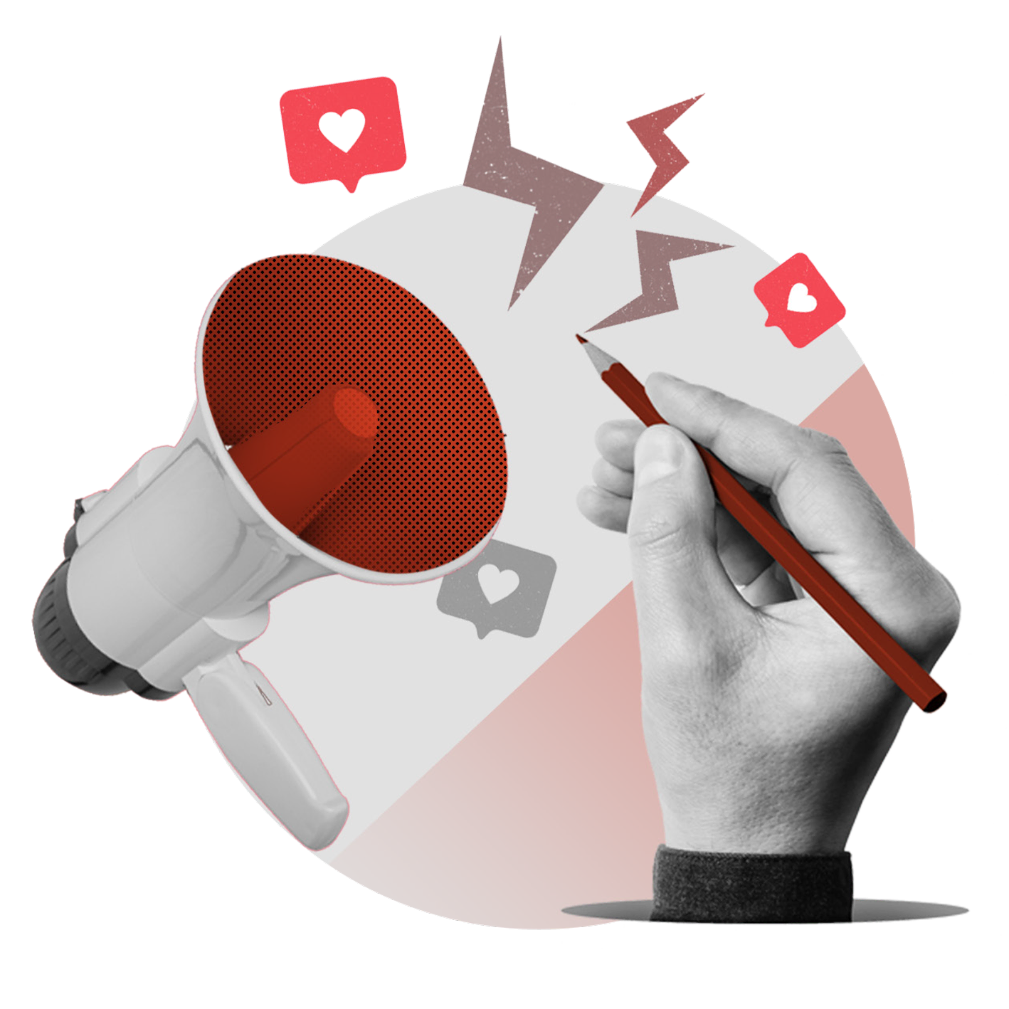 A hand holds a megaphone with a red speaker cone containing a heart shape. A second hand holds a red pencil. Surrounding the megaphone are graphics including red speech bubbles with white hearts, a grey lightning bolt, and a grey speech bubble with a white heart, all on a pink and grey background.
