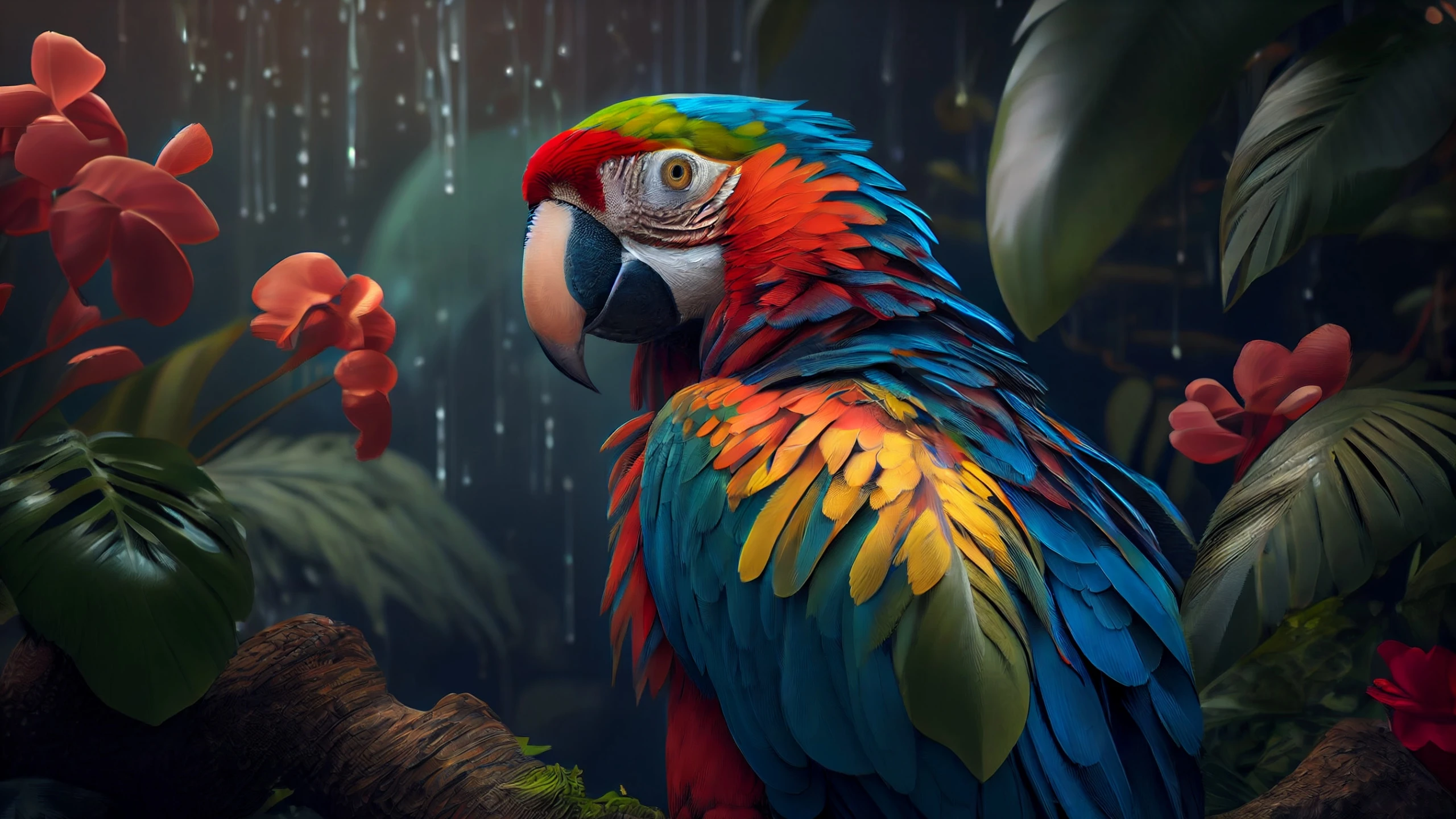 AI generated image of a colourful tropical bird in a rainforest