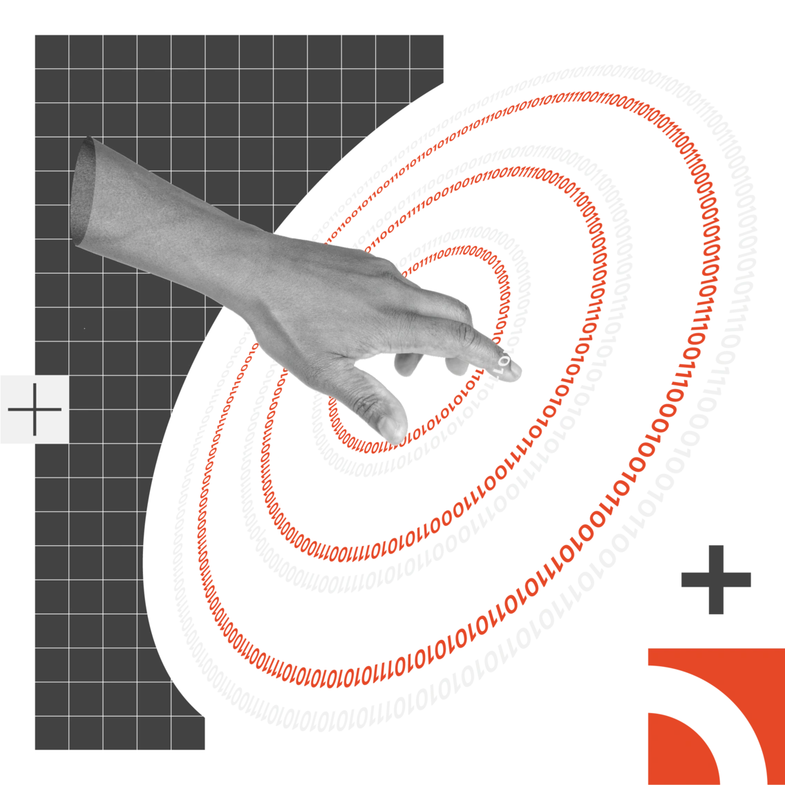 A hand pointing at binary code on a white circle.