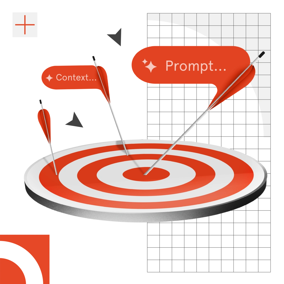 Red and white target with three red speech bubbles and three arrows.