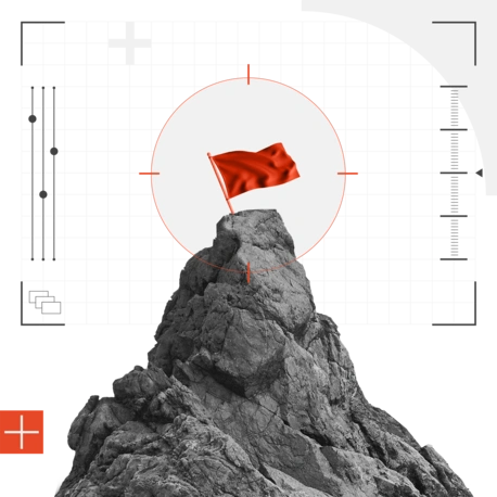 Red flag on a rocky mountain with a target overlay.