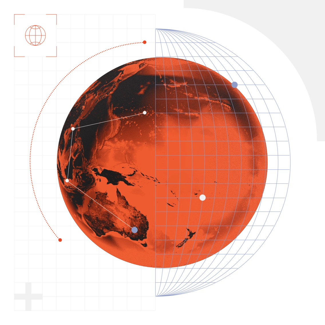 A red planet with white grid lines and dots on a white background with a globe icon.