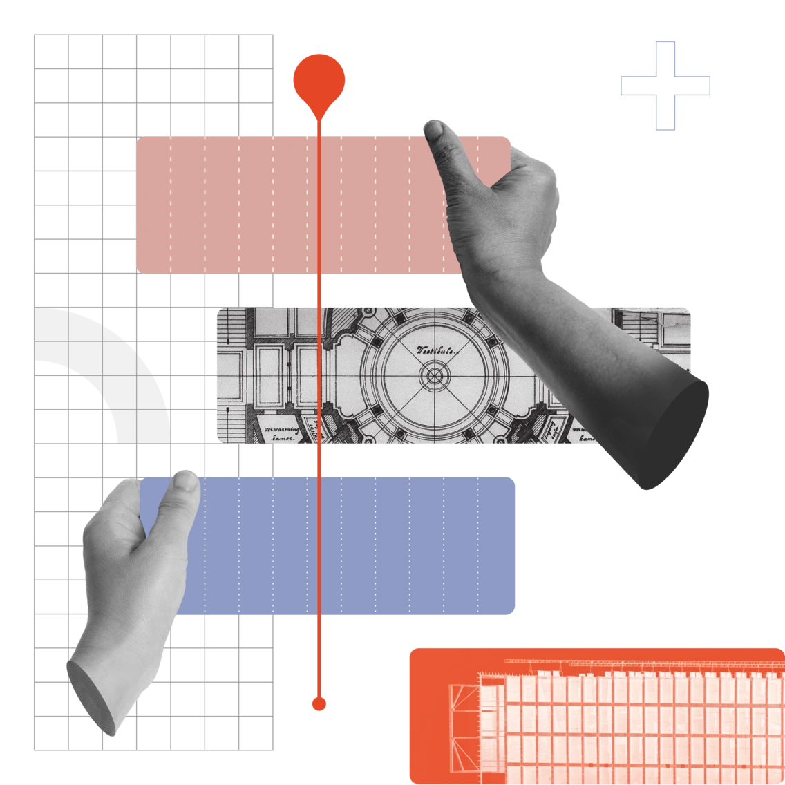 Two hands holding coloured rectangles over architectural drawings and a grid.