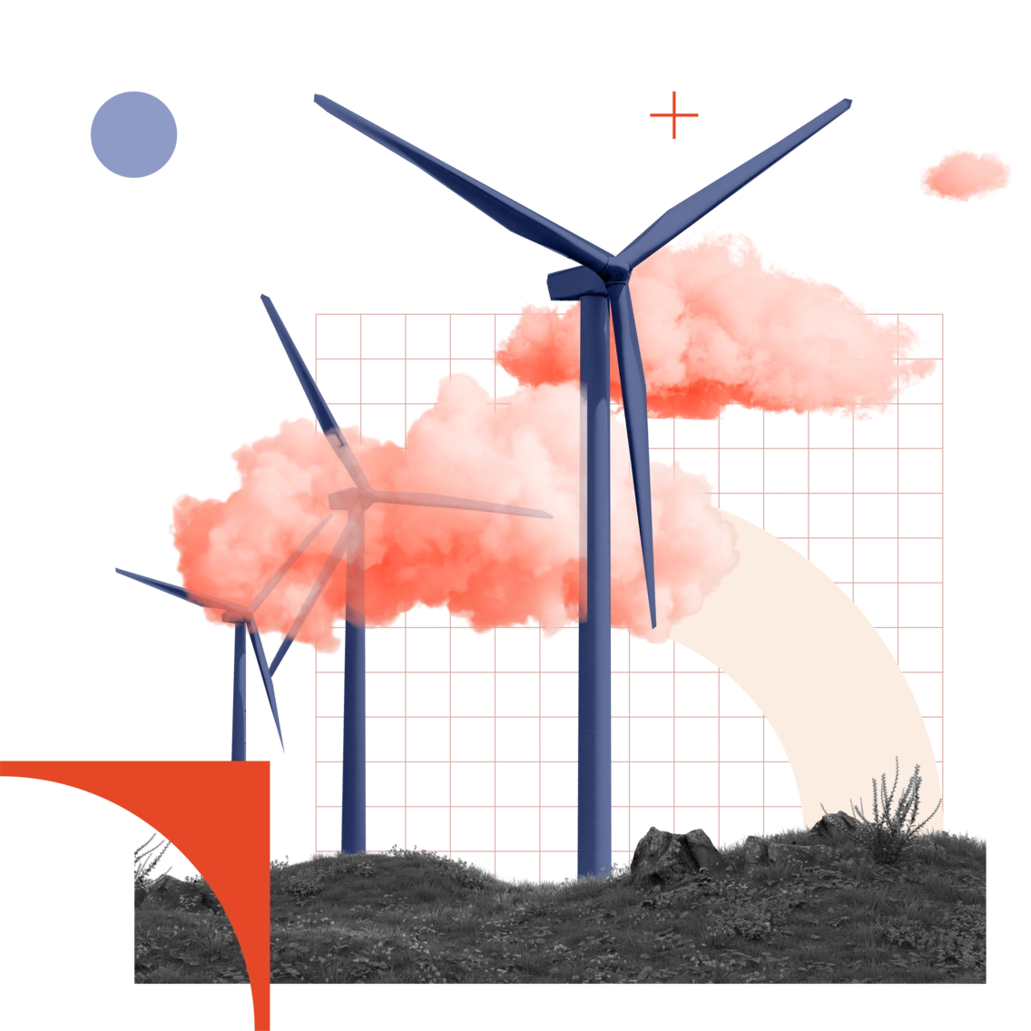 Three blue wind turbines on a grassy hill with pink clouds and a red plus sign.