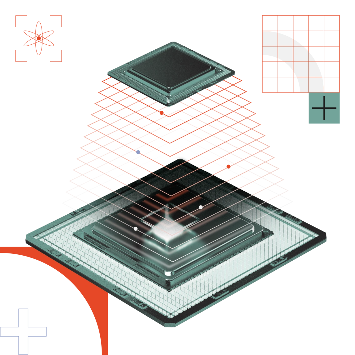 Two computer processors stacked on top of each other with red lines and a grid.