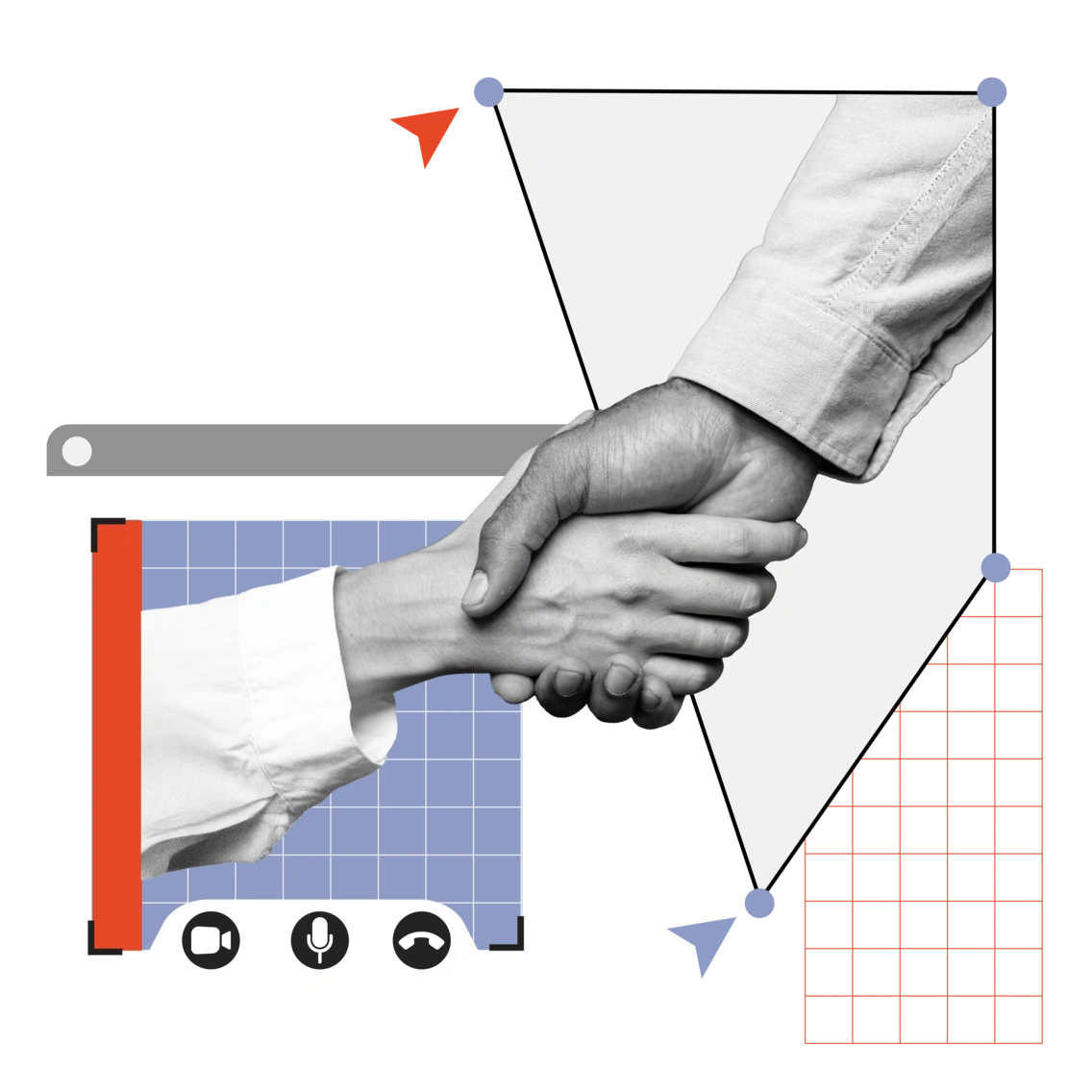 Two hands shaking in front of a bar graph and communication icons.