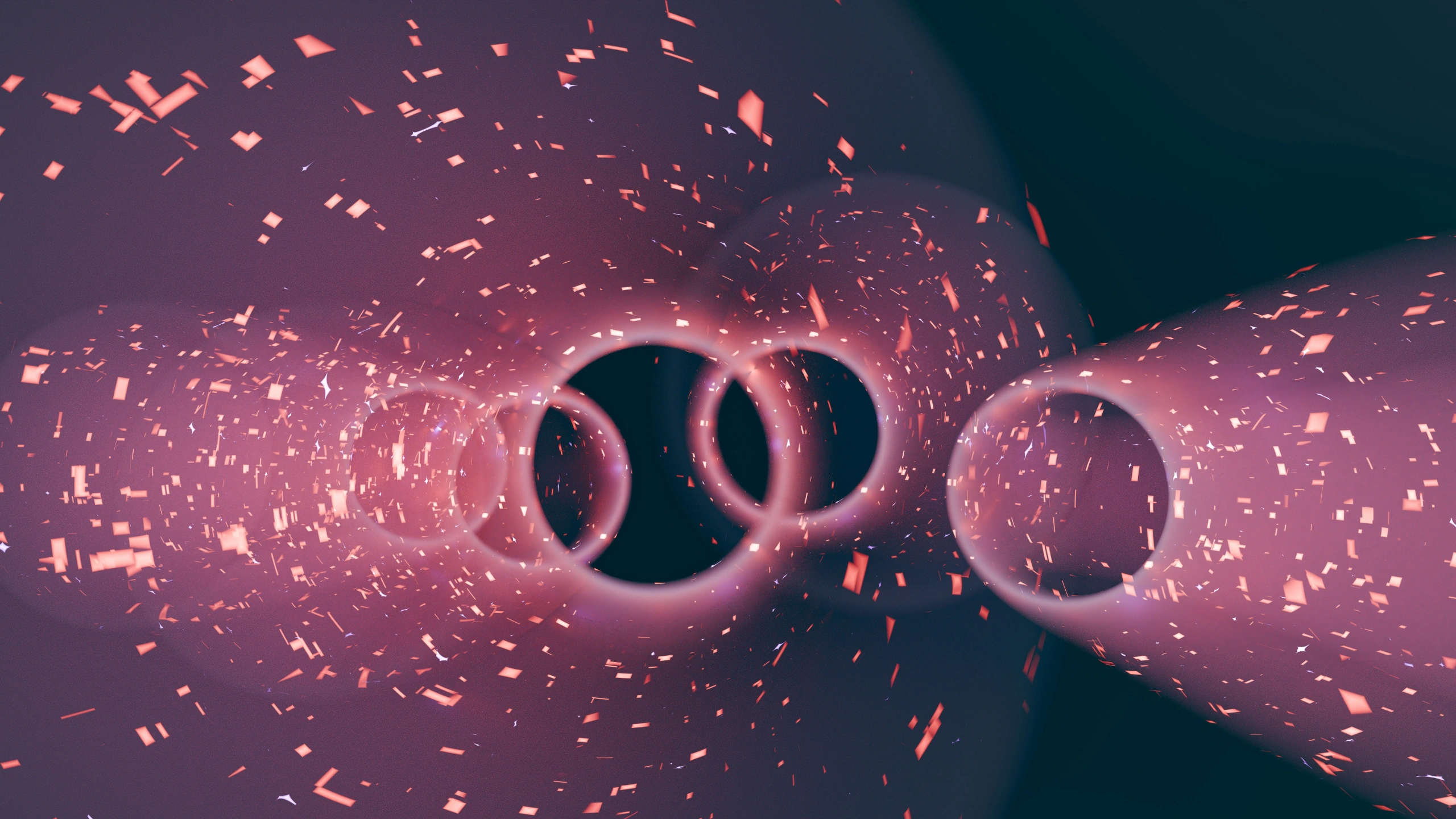 Three-dimensional glowing pink torus shapes linked in a chain against a dark background, surrounded by small scattered particles.