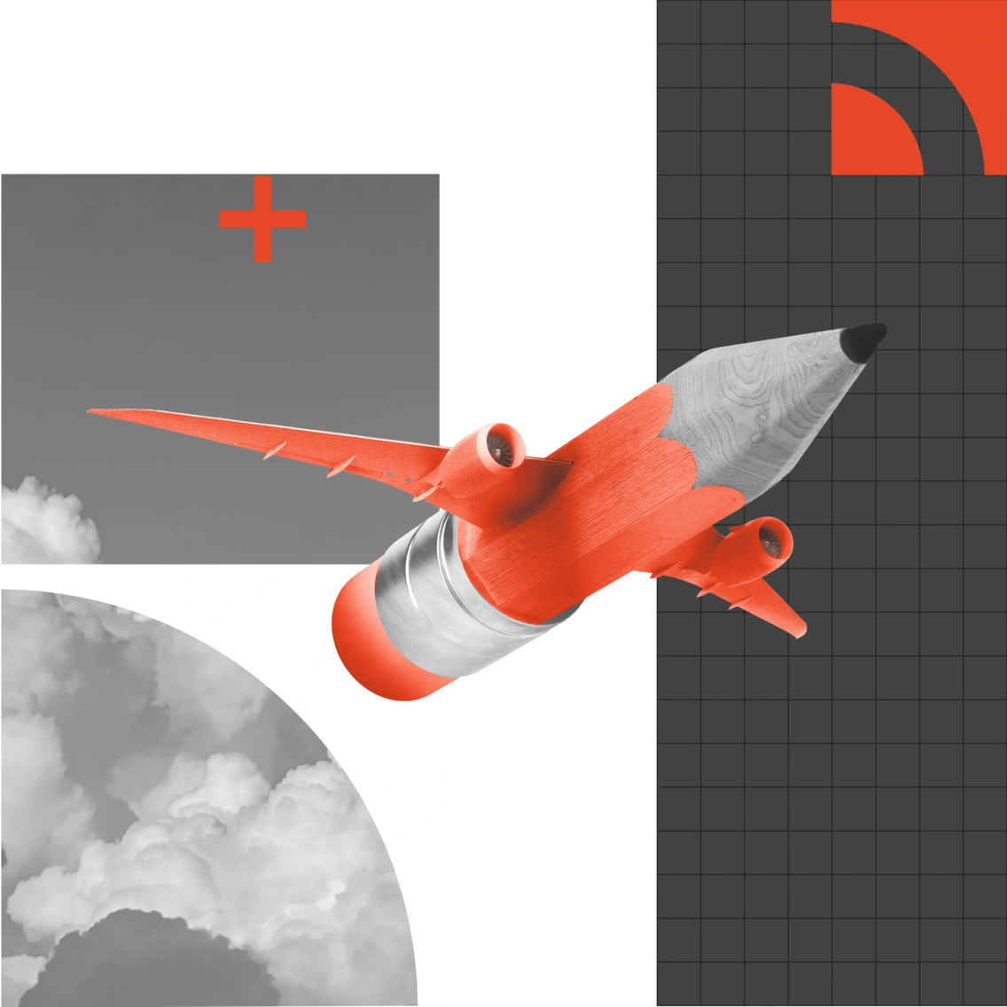 Composite image of a sharpened pencil with red aeroplane wings and engines, over grey grid and cloud graphic elements.