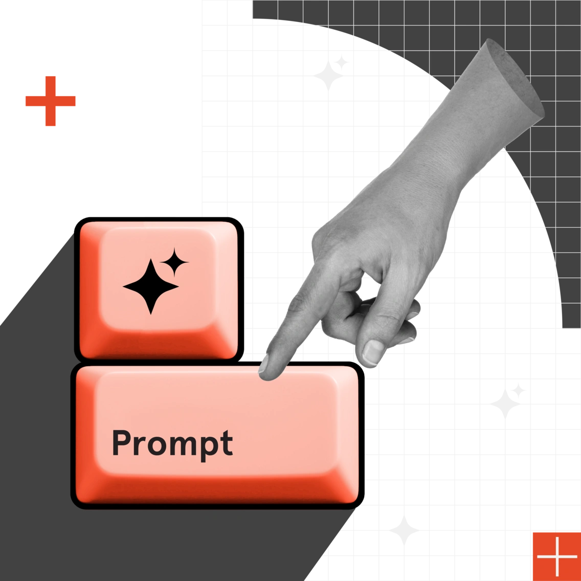 Two red keyboard keys, one with a black star and the other with the word 'Prompt,' being pressed by a hand.