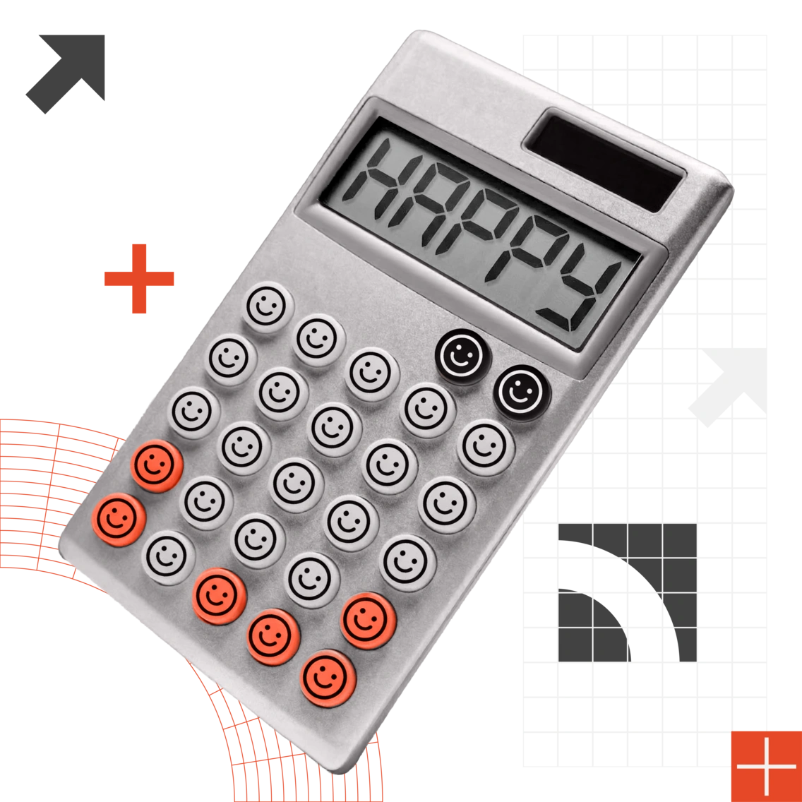 Silver calculator with smiley face buttons and red plus sign.