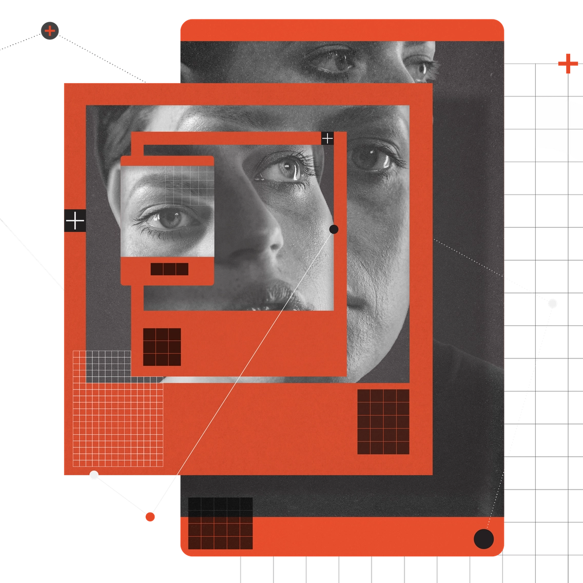 Black-and-white facial close-ups layered within overlapping red rectangles, with grid patterns and geometric elements.