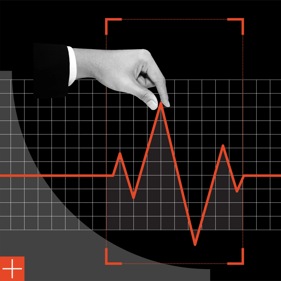 A hand touching a red line graph on a black and white grid.