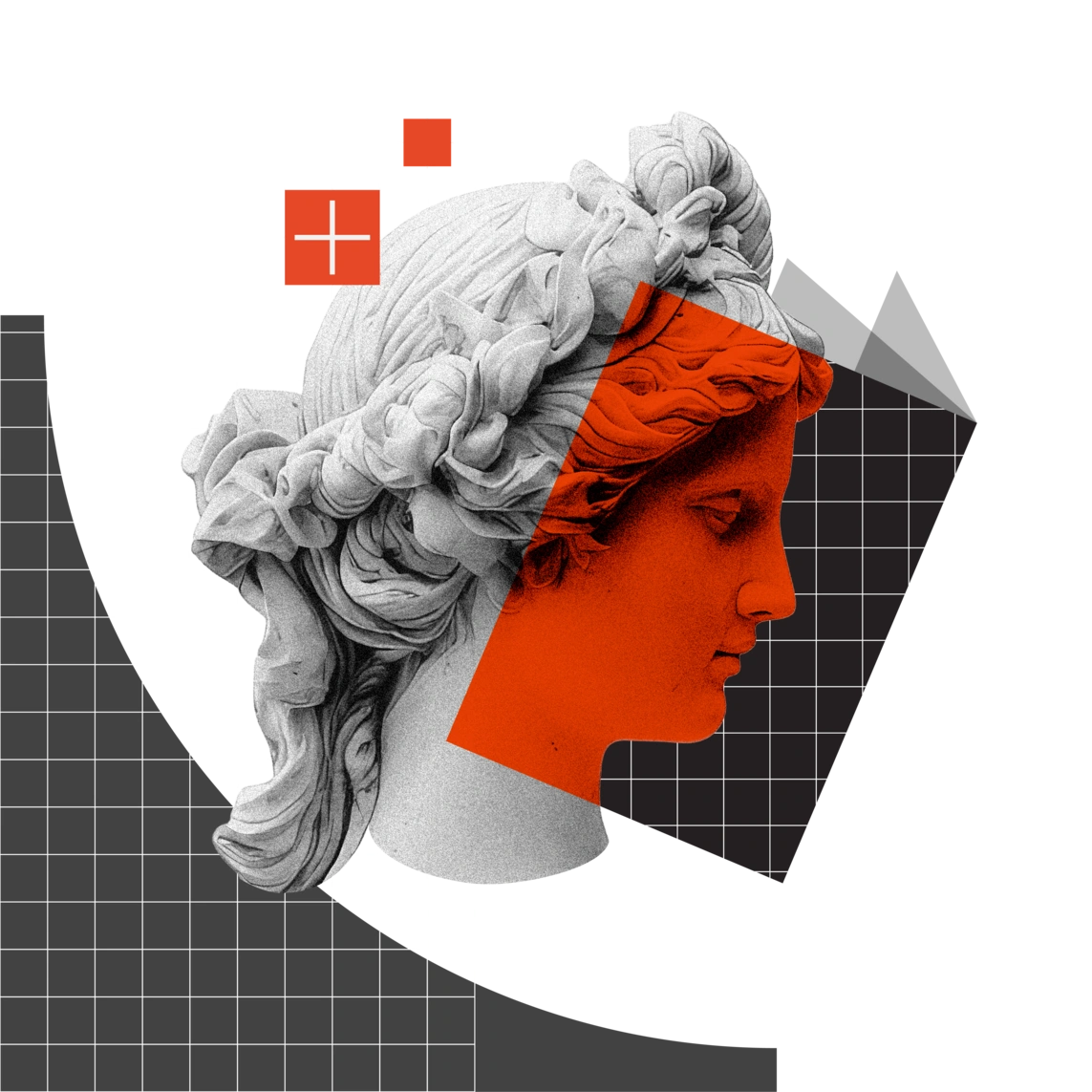 A classical statue of a woman's head with red and black geometric shapes on a white grid background.