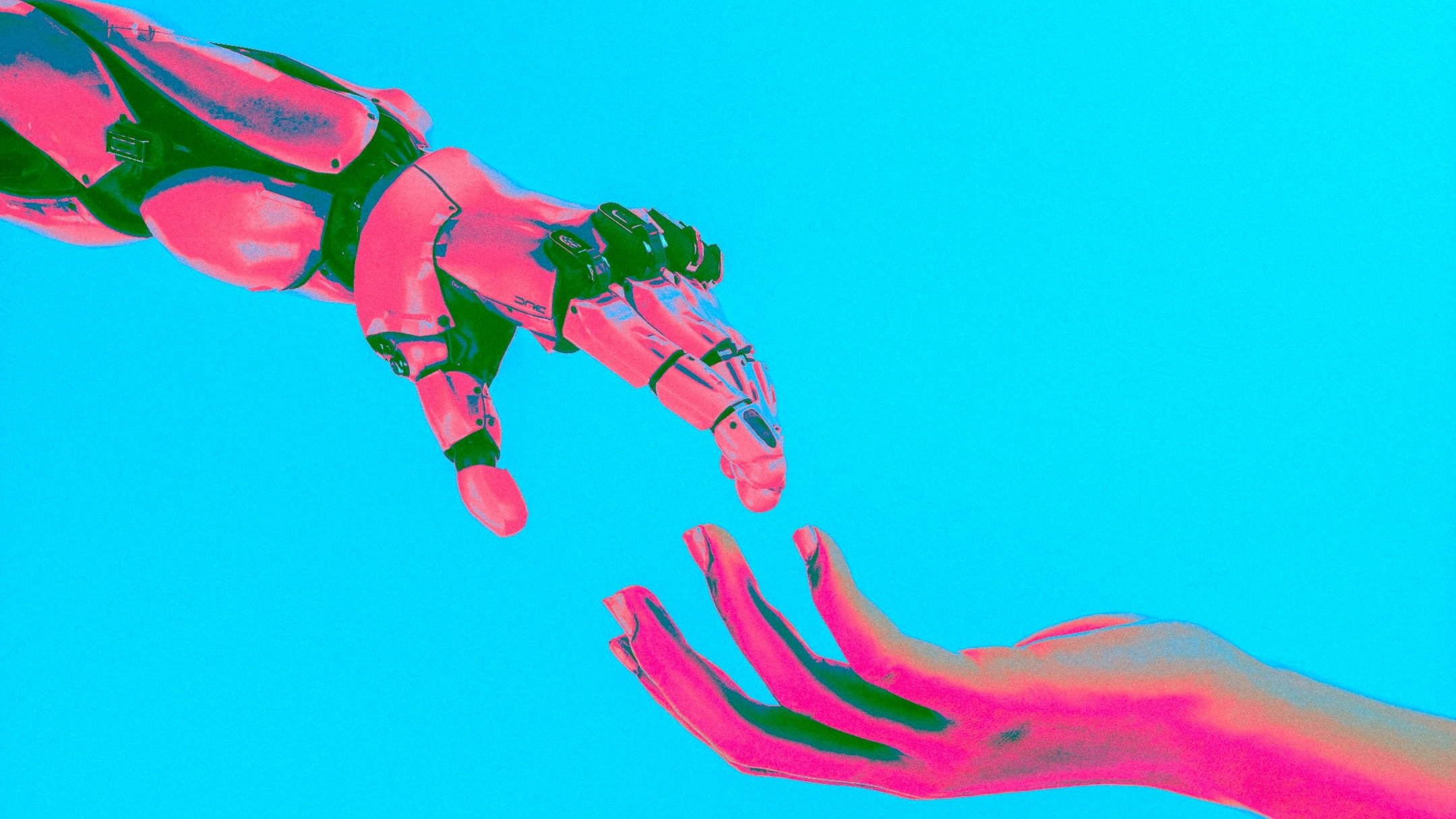 Robotic hand and human hand reaching towards each other, fingertips almost touching, against a cyan background.