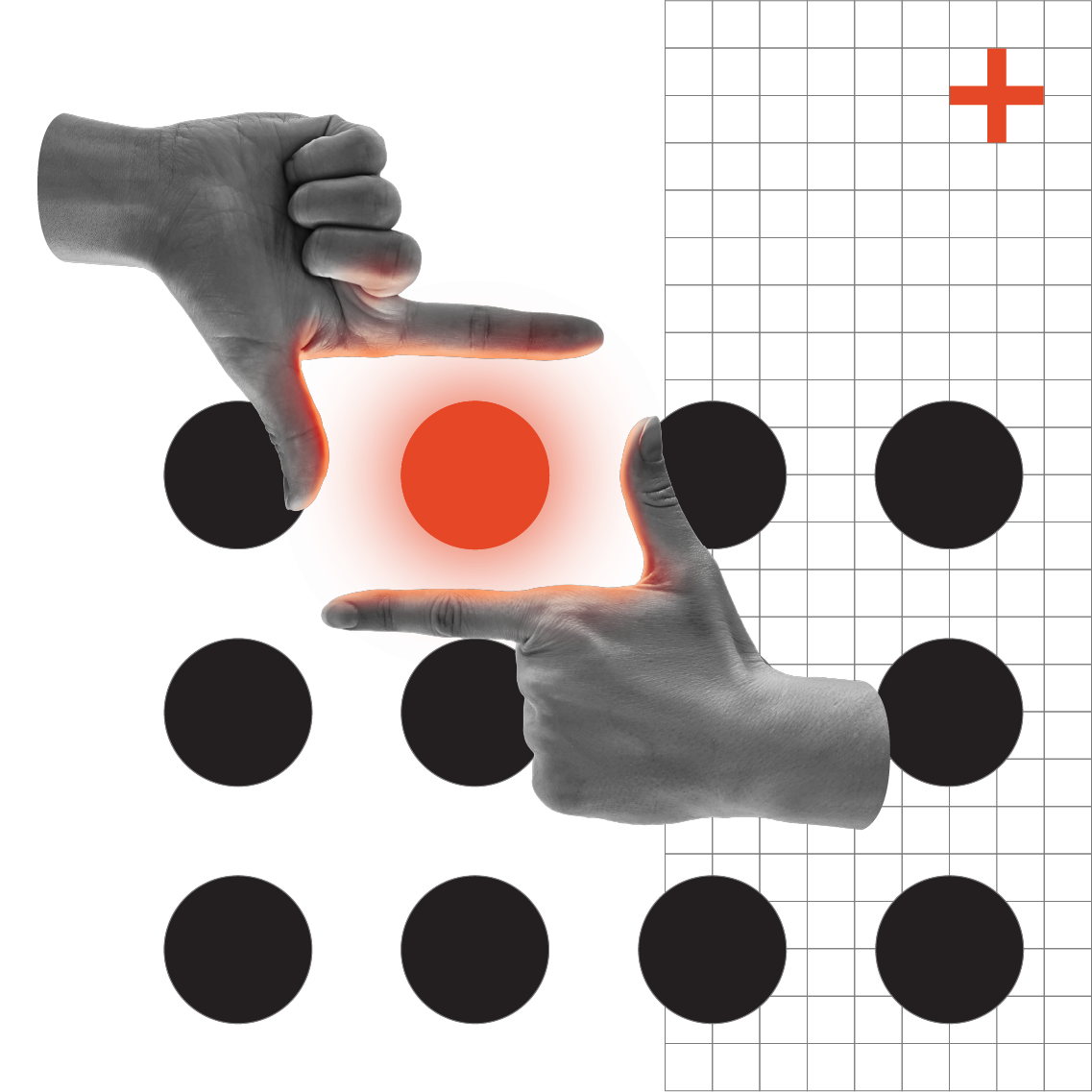 Two hands holding a rectangular device with a glowing red circle in the centre. Dark circles and grid pattern visible in the background, orange plus symbol in top right corner.