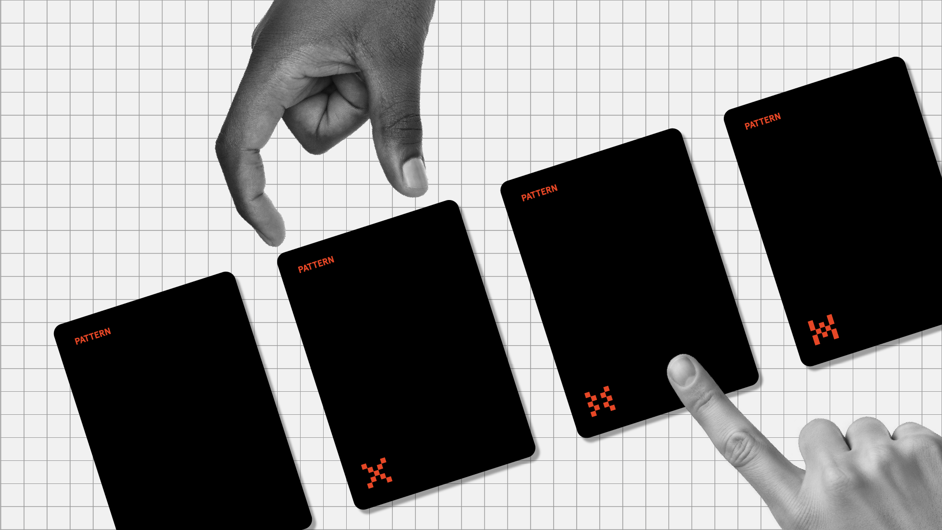 Hand placing or selecting black cards labelled "PATTERN" arranged in a row on white grid background. Each card displays small red pixel pattern symbols in bottom right corner.