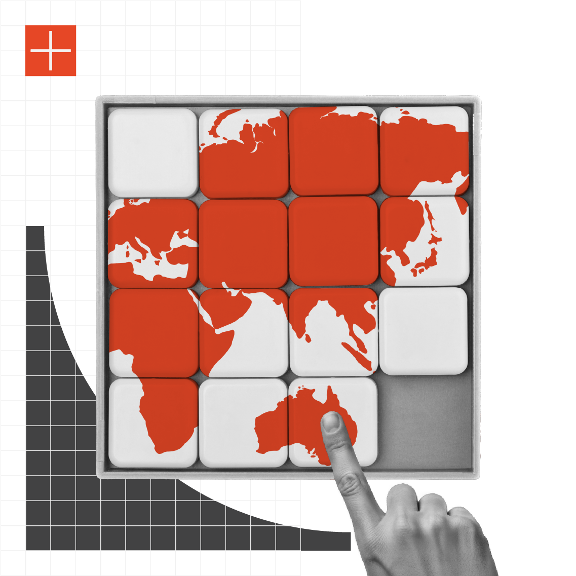 Sliding puzzle with a 4×4 grid showing a world map in red and white tiles, with a hand pointing to one tile, Swiss flag in upper left, and dark gradient on left side.
