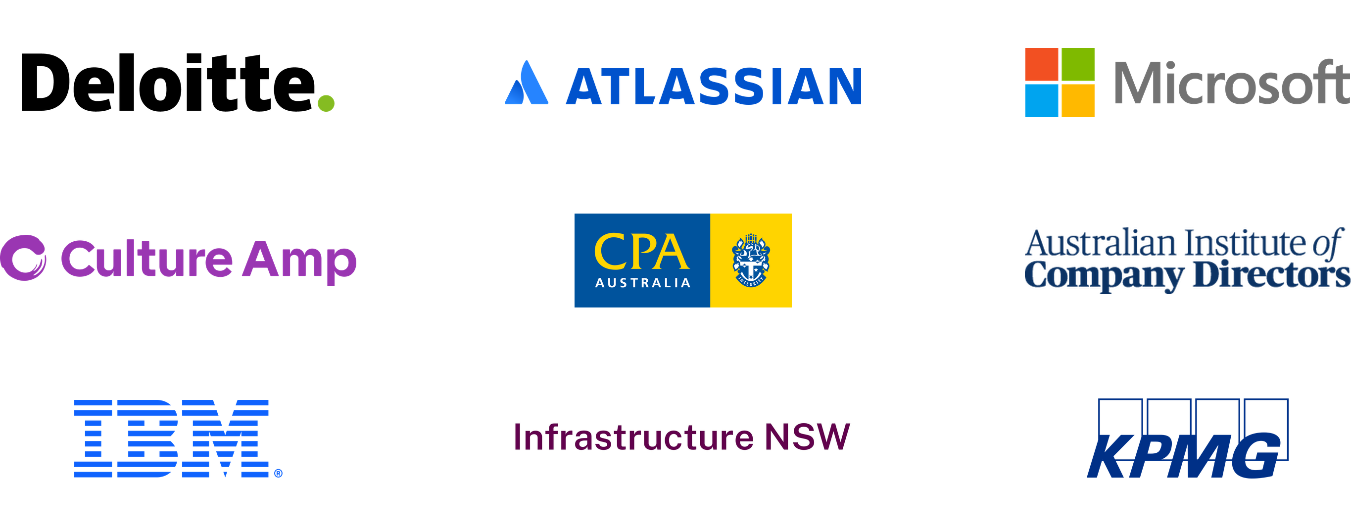 Grid of nine partner logos in three rows: Deloitte, Atlassian and Microsoft; Culture Amp, CPA Australia and Australian Institute of Company Directors; IBM, Infrastructure NSW and KPMG.