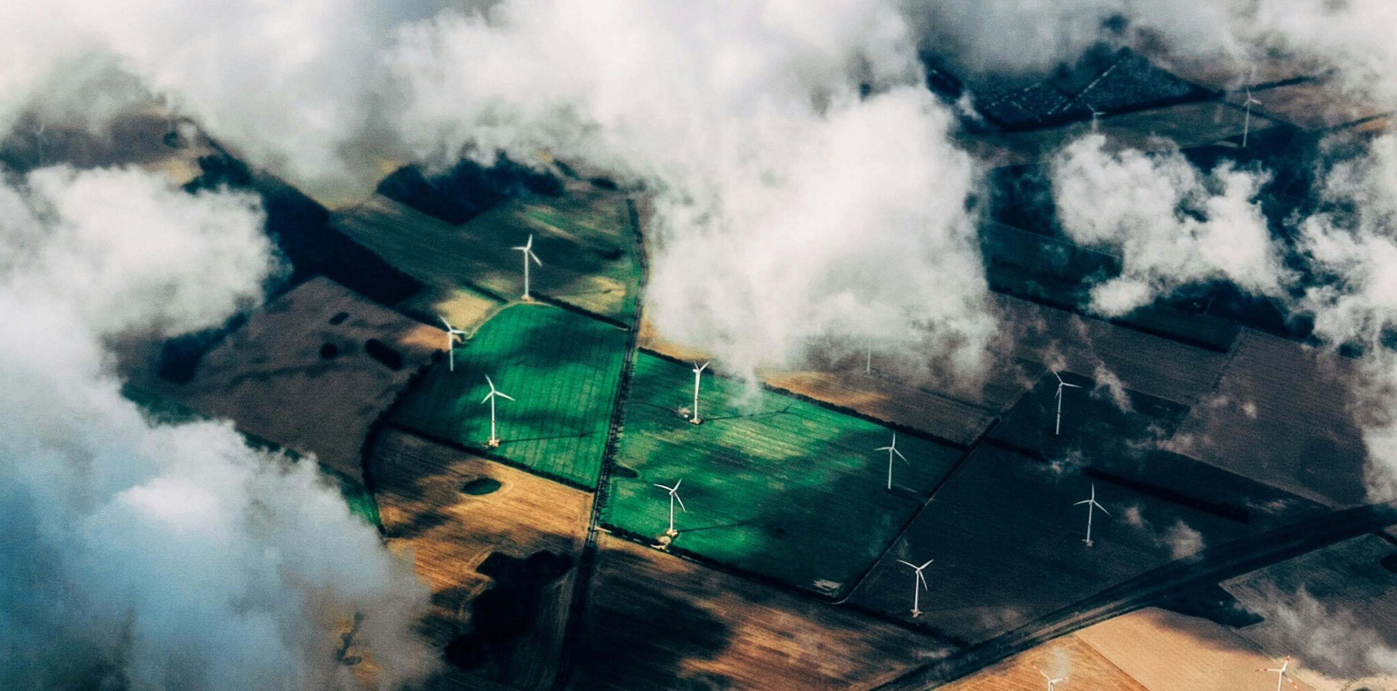 Aerial photo of wind turbines in farms.