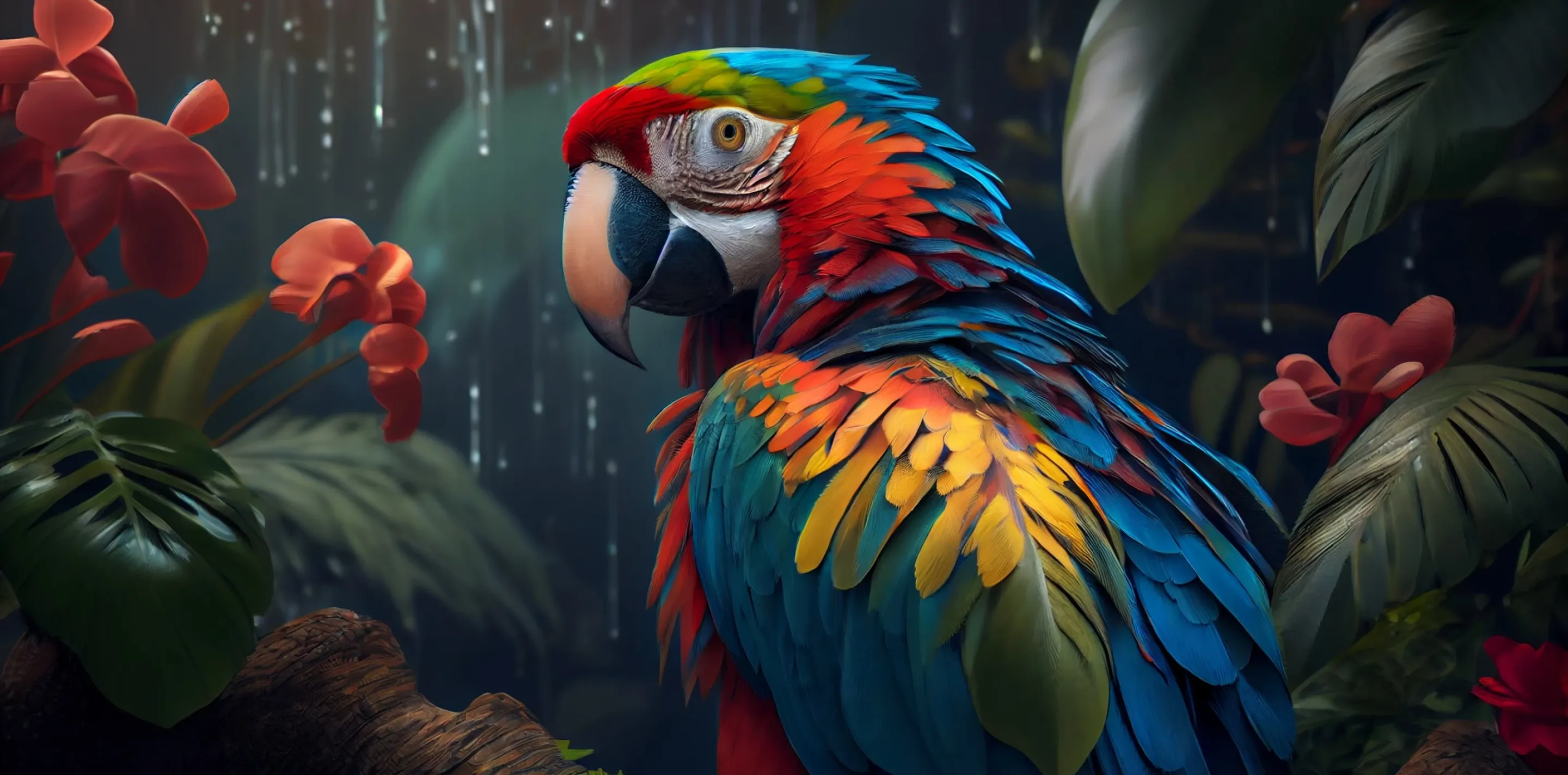 AI generated image of a colourful tropical bird in a rainforest