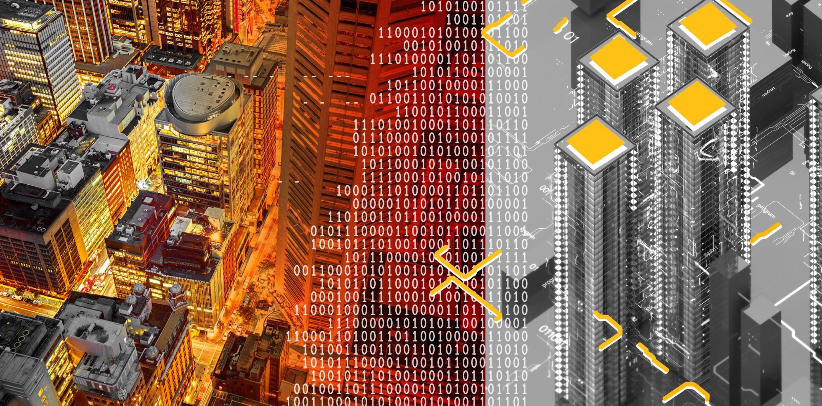 An artistic depiction of a cityscape split into two contrasting styles: the left side shows a bustling, warmly lit city at night with buildings in sharp detail, while the right side transforms into a digital, schematic representation with binary code overlays and circuit-like graphics in grayscale, highlighting a theme of digital transformation.