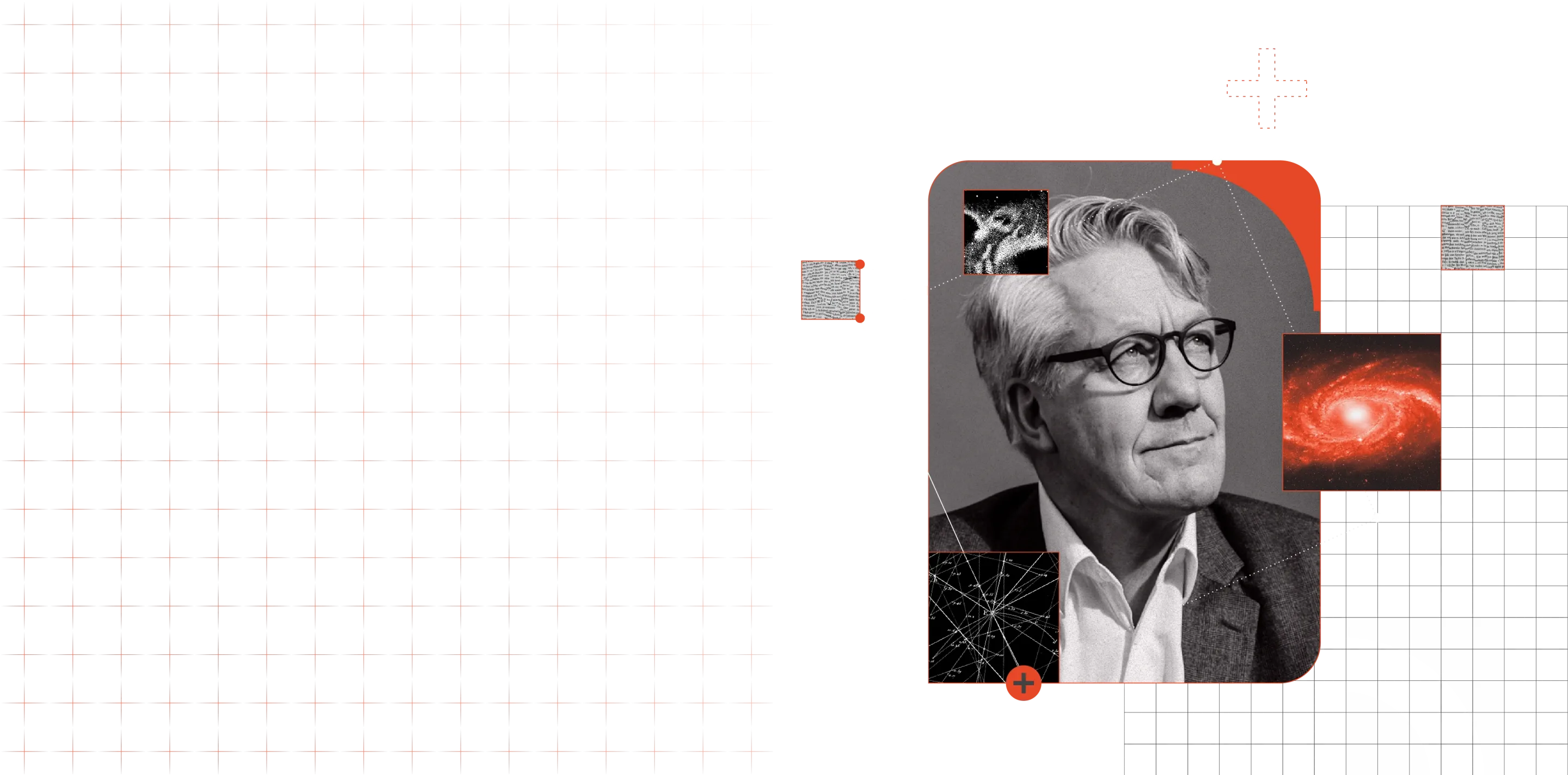 Collage of an older man wearing glasses in greyscale with inset galaxy and network images on a dark background.
