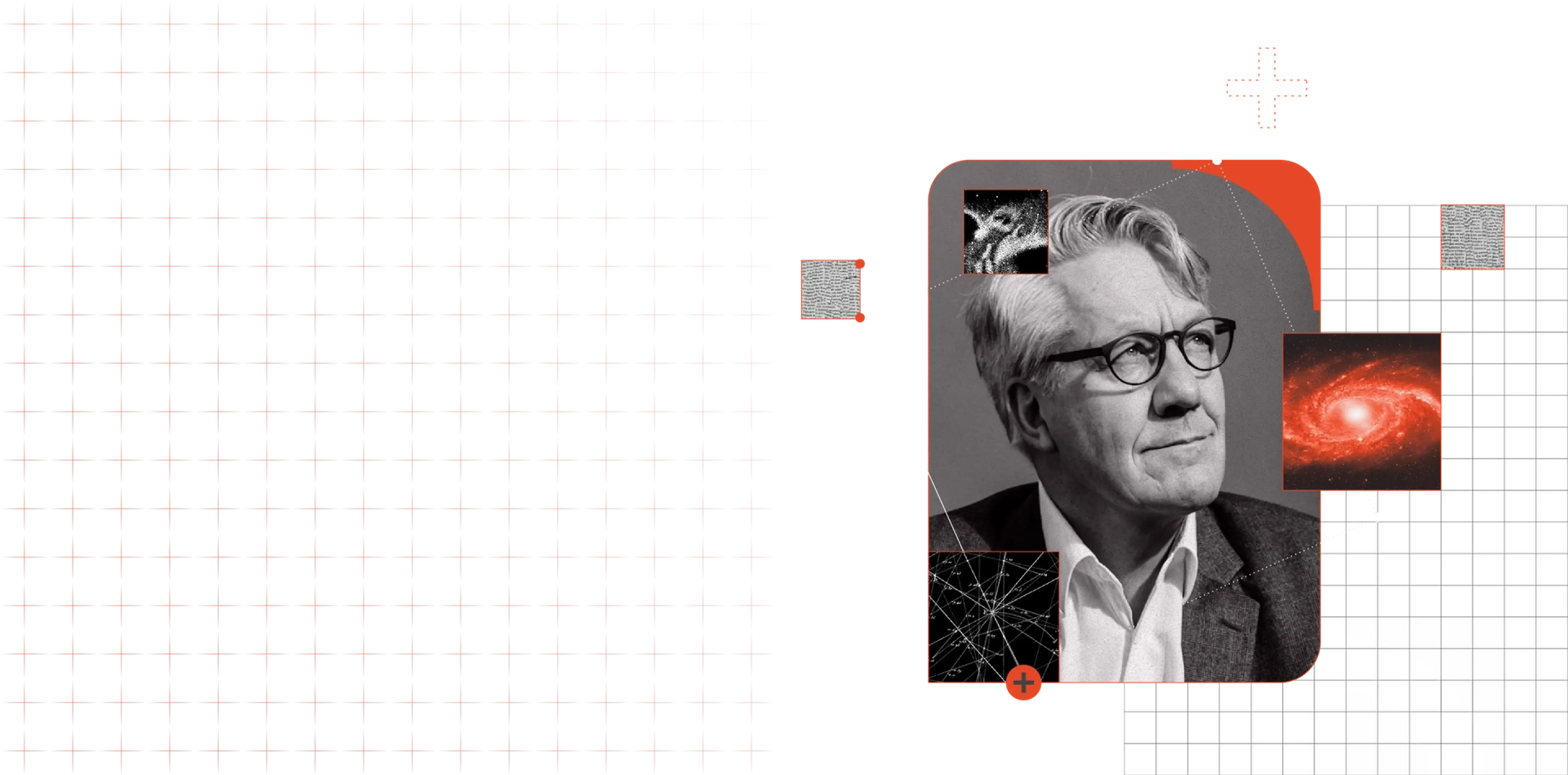 Collage of an older man wearing glasses in greyscale with inset galaxy and network images on a dark background.