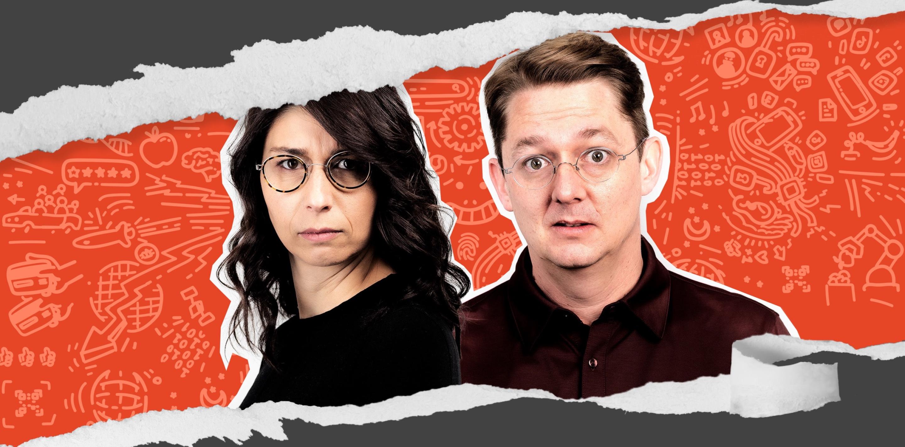 Two people wearing round glasses against a red hand-drawn doodle background, framed by torn paper edges.