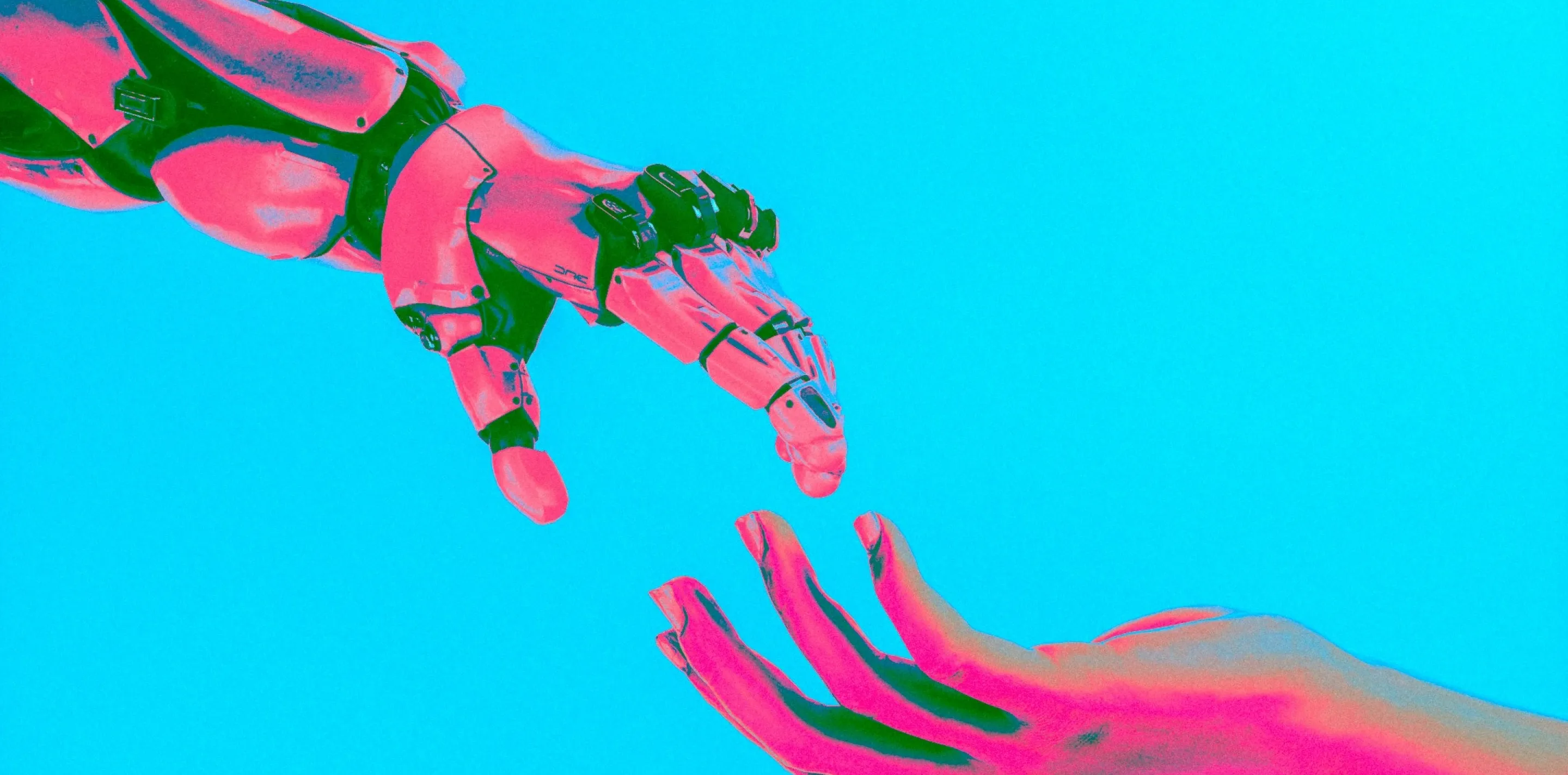 Robotic hand and human hand reaching towards each other, fingertips almost touching, against a cyan background.