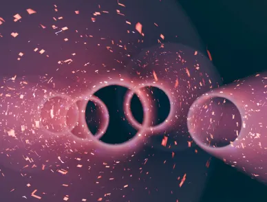 Three-dimensional glowing pink torus shapes linked in a chain against a dark background, surrounded by small scattered particles.