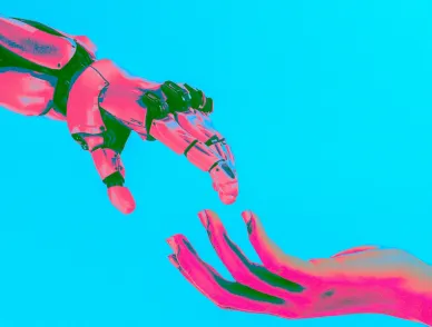 Robotic hand and human hand reaching towards each other, fingertips almost touching, against a cyan background.