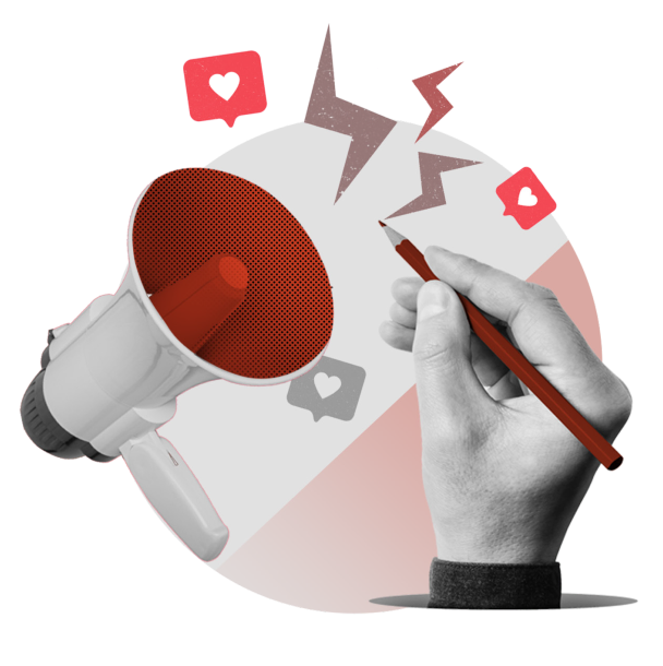 A hand holds a megaphone with a red speaker cone containing a heart shape. A second hand holds a red pencil. Surrounding the megaphone are graphics including red speech bubbles with white hearts, a grey lightning bolt, and a grey speech bubble with a white heart, all on a pink and grey background.