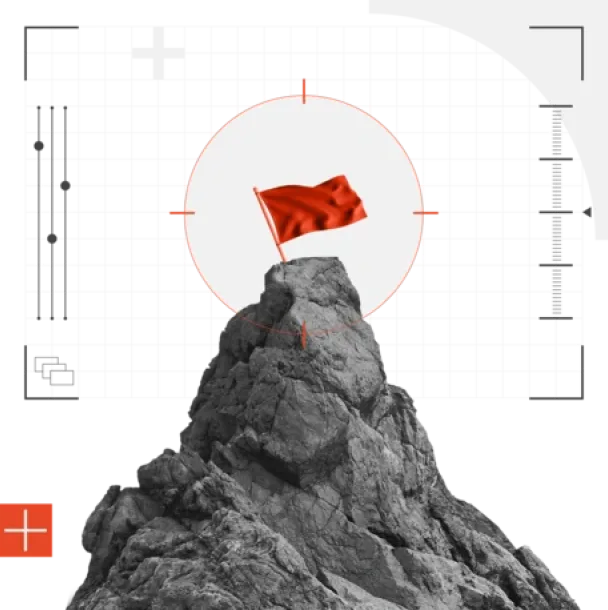 Red flag on a rocky mountain with a target overlay.