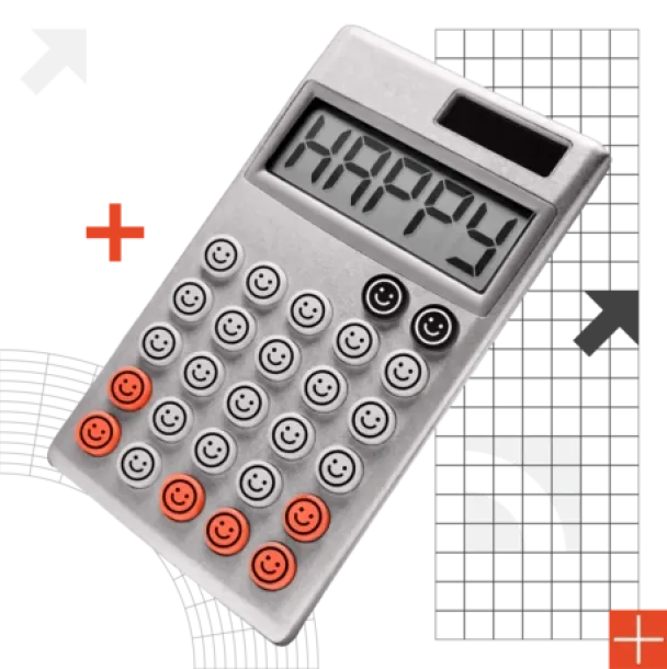 Silver calculator with smiley face buttons on a grid background.