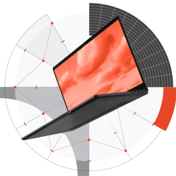 A black laptop with a red screen in front of a circular diagram with red lines and dots.