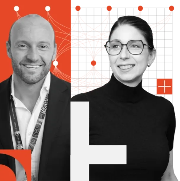 Two people smiling, one in a suit, one in a black top, with red and white design elements.