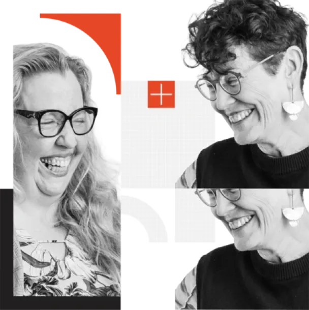 two smiling women wearing glasses and earrings. Red geometric shapes and text.