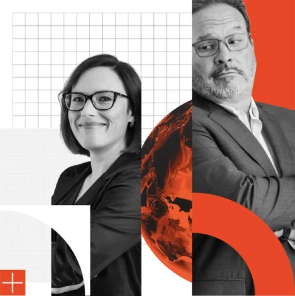 Two people in suits, one smiling, with a globe and grid background. Red accents and text.