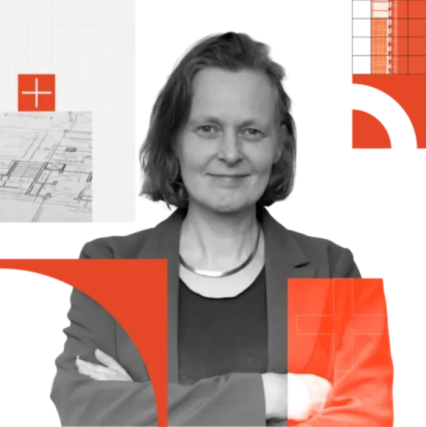 A woman in a suit with her arms crossed. Red and white graphics.