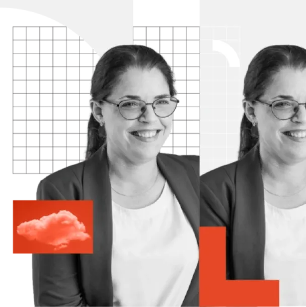 Two copies of the same person in a blazer smiling, with a red cloud and bar graph overlay.