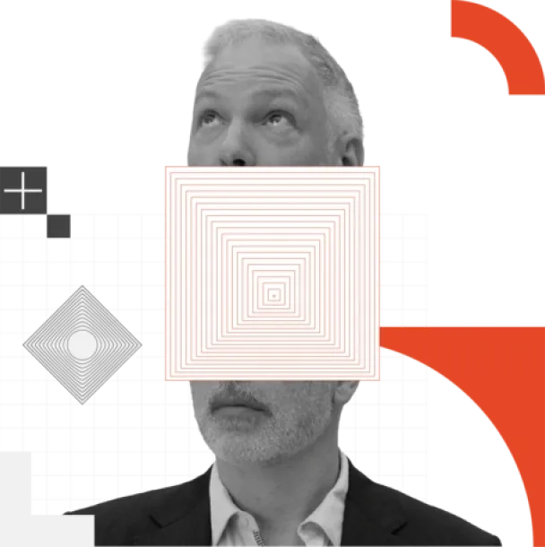 A man in a suit with a geometric pattern over his face. Red and black shapes on a white background.
