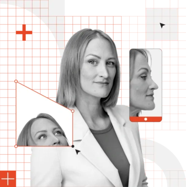 A woman in a white blazer with three images of her face on a white grid background.