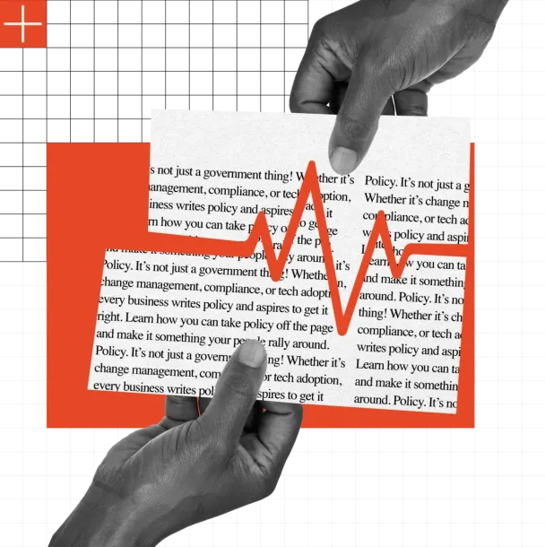 Two hands holding a piece of paper with text and a red line graph over a white grid.