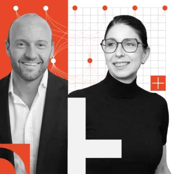 Two people smiling, one in a suit, one in a black top, with red and white design elements.