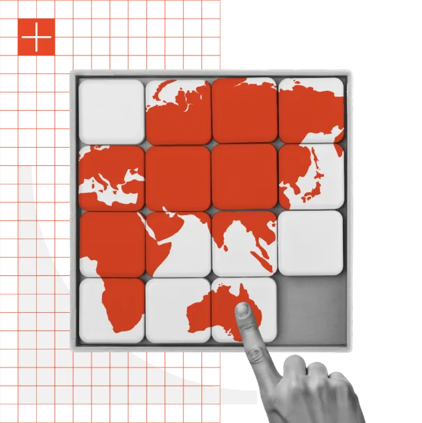 Sliding puzzle with a 4×4 grid showing a world map in red and white tiles, with a hand pointing to one tile and a Swiss flag in the upper left corner.