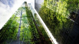 This image displays a double exposure effect merging a skyscraper with a lush forest. The left side features the skyscraper's reflective facade transitioning into dense greenery on the right, creating a visual metaphor that blends urban and natural settings.