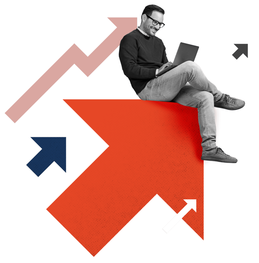 A person in casual attire, wearing glasses and using a laptop, is seated on a large ochre arrow pointing up. The image features several other arrows in different colors (rose, navy, and black), all pointing upward,