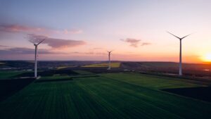 Three wind turbines standing in a green field at sunset.