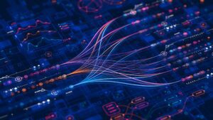 A digital data visualisation with flowing neon lines, graphs, and icons on a dark background, depicting complex interconnected data pathways.