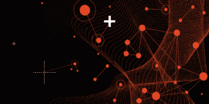 Abstract digital network with red nodes and lines on a black background, overlaid with white plus symbols.
